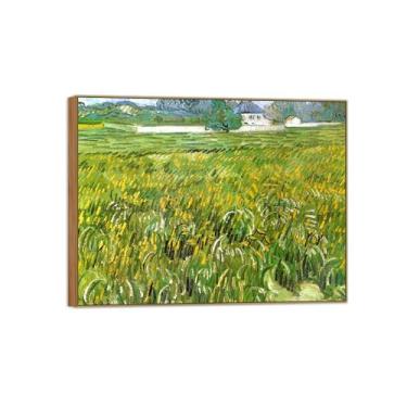 Imagem de BMZFYBS Vincent van Gogh Famosa pintura em tela de arte de parede pronta para pendurar. Campo de trigo com casa. Imagem em moldura de madeira para decoração de sala de estar 60 x 80 cm 24 x 31 pol