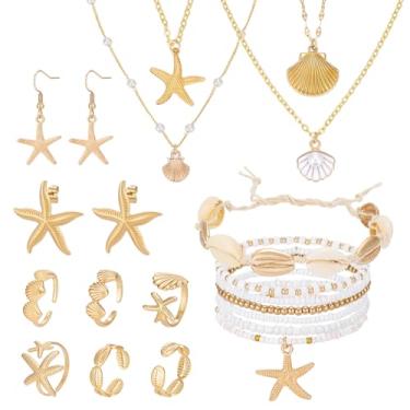 Imagem de PH PandaHall 18 peças de colar de concha dourada brincos anéis verão praia pulseiras conjunto de joias de estrela do mar, colar de camada boho, joias oceânicas para mulheres, fantasia de sereia de