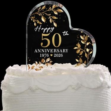 Imagem de Topo de bolo de acrílico de 50º aniversário de casamento, bloco de acrílico de coração de folha dourada, decoração de bolo elegante de 50 anos, decoração de festa de aniversário de ouro e presente de