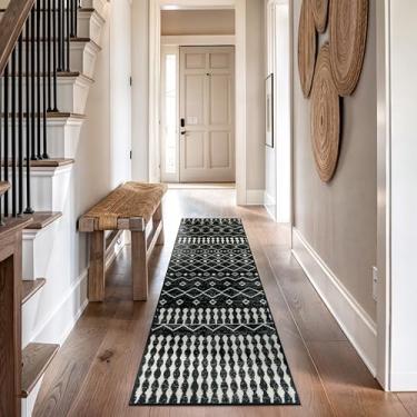 Imagem de Rugshop Tapete de área tribal Boho preto e branco – Tapete geométrico com padrão de diamante e listras para sala de estar, quarto ou entrada – Decoração de piso boêmia moderna macia 7,6 x 3,5 m