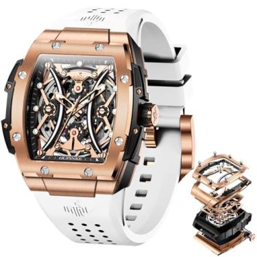 Imagem de OUPINKE Relógio masculino com corda automática de luxo esqueleto mecânico vestido de negócios relógios de pulso quadrado calendário preto, Ouro rosa branco, relógio masculino