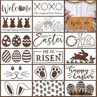 Imagem de Dunzy 16 peças de estênceis de Páscoa para tapetes de porta, artesanato grande, reutilizável, ovos de Páscoa, modelos de boas-vindas para pintura em placa de madeira, capacho de parede, projeto faça
