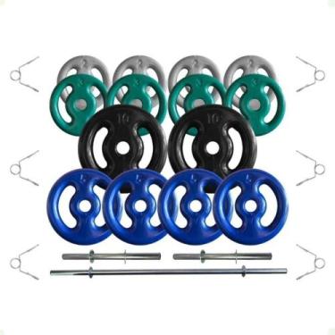 Imagem de Kit Anilhas Emborrachadas 60 Kg + Barras com Presilhas - BOX INGÁ