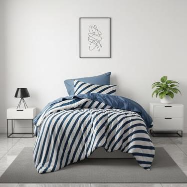 Imagem de Jogo de cama de solteiro listrado reversível em uma bolsa, 5 peças com design de listras de dupla face - jogo de cama quente e aconchegante inclui edredom de solteiro, conjunto de lençóis, fronha e