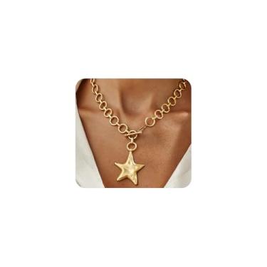 Imagem de FUTIMELY Colar de estrela grossa dourada para mulheres, corrente grossa, colar com pingente de estrela grande, gargantilha moderna, joia de festa de Natal para presente, Large, Liga de aço, Sem Pedra