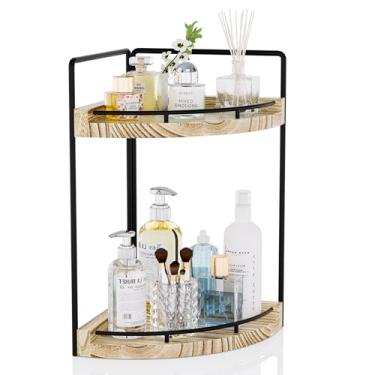 Imagem de CeleVista Organizador de balcão de banheiro de canto, armazenamento de madeira de 2 níveis, prateleira impermeável para cuidados com a pele para decoração de cozinha e artigos de higiene pessoal