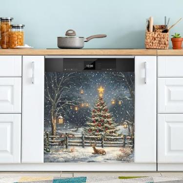 Imagem de xigua Capa magnética para máquina de lavar louça de veado de árvore de Natal, adesivos magnéticos decorativos antiarranhões para painel de geladeira e lava-louças, decoração personalizada de cozinha