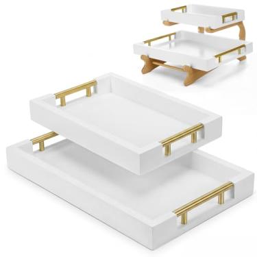 Imagem de Leinuosen 2 bandejas decorativas de madeira com suporte de bambu, organizador de bancada versátil para estética gótica, cozinha, decoração de banheiro (branca, em forma de retangular)