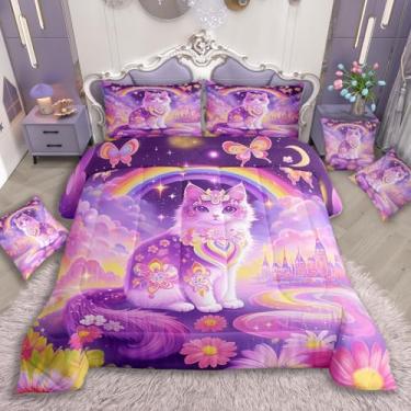 Imagem de jejeloiu Conjunto de edredom de gato fofo para todas as estações, animais coloridos, com 1 fronha, estilo princesa sonhadora, de microfibra, roupa de cama de solteiro, para decoração de quarto