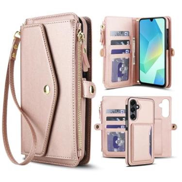 Imagem de Capa carteira para Samsung Galaxy A54 5G, capa flip magnética destacável com compartimentos para cartões, bloqueio RFID, suporte e alça de pulso, capa protetora para celular (ouro rosa)