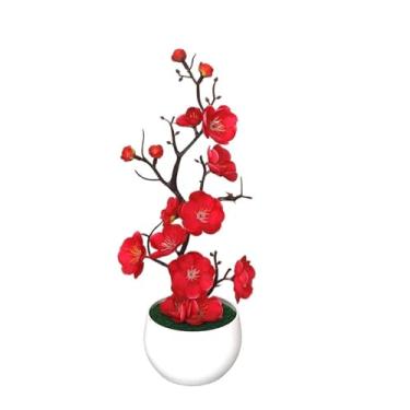 Imagem de Plantas artificiais de 30 cm, bonsai, vaso de simulação de árvore pequena, flores falsas, enfeites de mesa, decoração de casa, hotel (vermelho)
