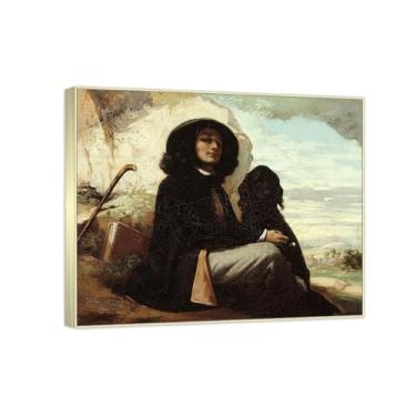 Imagem de RYLJCZ Reprodução de pinturas famosas de Gustave Courbet- (autorretrato) Impressão em tela Imagens de arte de parede para decoração de sala de estar (40 x 50 cm (15,8 x 19,7 pol)/molduras champanhe)