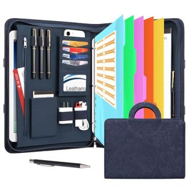 Imagem de Leathario Fichário de portfólio, inclui 5 divisórias de índice de pastas, organizador de tablets de 33 cm com alça, pasta A4 de couro vegano, bloco de notas com vários bolsos, agenda de negócios e