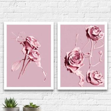 Imagem de Kit 2 Quadros Flores Rosas Tinta 24X18Cm