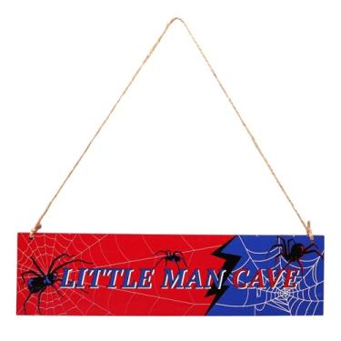 Imagem de Placa Little Man Cave, Madeira Placa Porta com Tema de Aranha Vermelha e Azul com Corda Decoração Divertida Pendurar No Quarto Ideal para Meninos Homens Quarto Sala Jogos e Parede