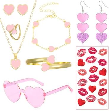 Imagem de QLYOVWE Conjunto de joias de coração de dia dos namorados com óculos de sol, colar, pulseira, brincos, anéis e adesivos de batom, acessórios de fantasia com tema de amor vermelho quente e rosa para