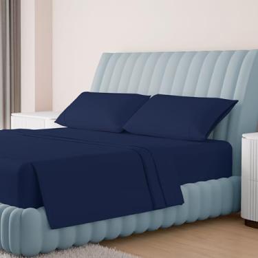 Imagem de Carressa Linen Jogo de cama king size 100% algodão egípcio - Conjunto de lençóis King Size de luxo de alta contagem de fios (4 peças, azul marinho), macio refrescante e respirável 40,6 cm lençol de