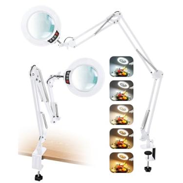 Imagem de Lupa de 10 x com luz e grampo, lâmpada de mesa de LED de braço oscilante de 3 seções, lente de vidro real, 5 modos de cor regulável, lupa iluminada com mãos livres com suporte para reparo de