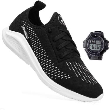 Imagem de Tênis Academia Masculino Corrida Caminhada Preto Treino Leve+ Relógio-Unissex