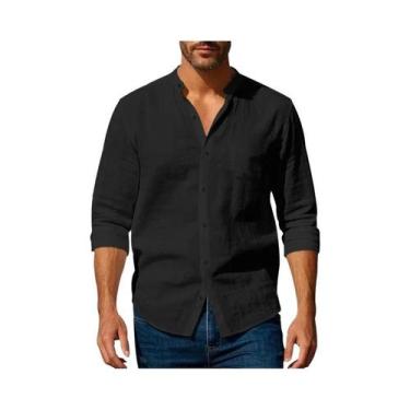 Imagem de Camisa Masculina Slim Fit De Algodão E Linho Com Gola Henley, Leve, Re