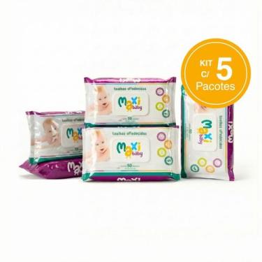 Imagem de Kit com 5 Toalhas Lenços Umedecidos Hipoalergênico 50un Cada Maxi Baby