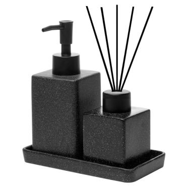 Imagem de Cj 2 Acessórios de Bancada para Banheiro/Lavabo de Cerâmica C/Bandeja Quadratto Preto Wolff