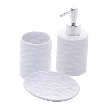 Imagem de Cj 3 Acessórios de Bancada para Banheiro/Lavabo de Cerâmica Branco Cannes Casa Limpa