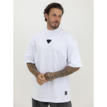Imagem de Camiseta Oversized Gola Alta Borracha Triângulo All Black Streetwear Algodão Premium Branco-Masculino