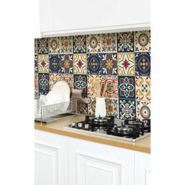 Imagem de Papel Vinílico Azul 5m Lavável C/Azulejo Cozinha Charmoso - Congratula