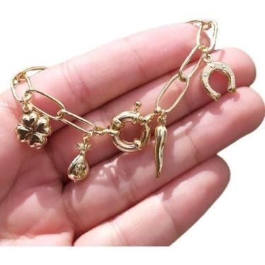 Imagem de Pulseira Amuletos Sorte Trevo Figa Pimenta Cruz Ferradura - De Castro 