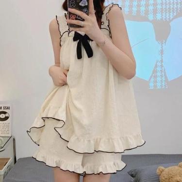 Imagem de Conjunto De Pijama Feminino De Verão Em Algodão Com Alças, Sem Mangas,