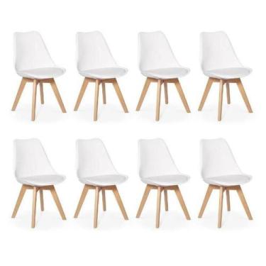 Imagem de Kit C- 8 Cadeiras Leda  Charles Eames Saarinen Wood Com Almofada Branc
