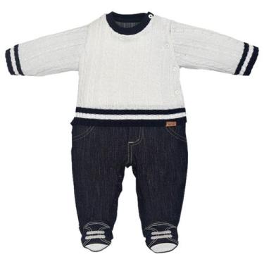 Imagem de Macacão Bebê Longo Casaco Tricô Tranças e Jeans Escuro Upi Uli, P (1-3