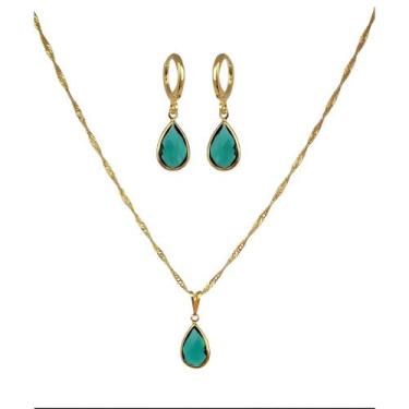 Imagem de Conjunto Colar e Brinco Pedra Cristal Verde Oliva Folheado Ouro 18k An