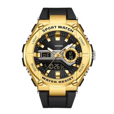 Imagem de RORIOS Relógio digital masculino esportivo militar com alarme temporizador luminoso relógio de pulso multifuncional para homens, Dourado, L, Digital