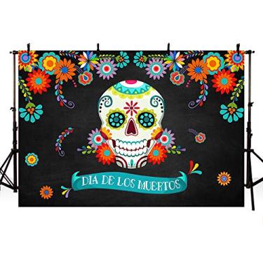 Imagem de Banner de fundo fotográfico para decoração de festa de Dia dos Mortos Chamando todas as almas Dia de Los Muertos caveira de açúcar mexicano Fiesta flores coloridas Halloween aniversário fotografia 7 x 5ft da MEHOFOTO