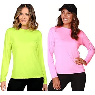 Imagem de Camiseta UV Protection Feminina UV50+ Tecido Ice Dry Fit, Controla Temperatura (Verde Fluor-Rosa Fluor, G)