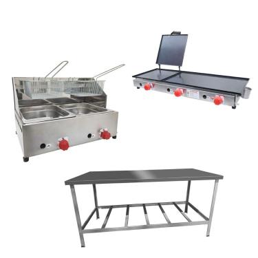 Imagem de Kit Lanchonete Mesa de Manipulação 190x70cm + Fritadeira a Gás 2 Cuba + Chapa a Gás 90cm Alcamar