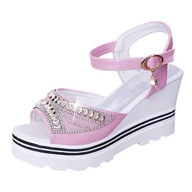 Imagem de Sandália feminina de verão plataforma plataforma plataforma anabela romana cristal peep toe sandálias de cristal invisível tênis para mulheres tamanho 8 (rosa, 5)