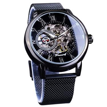 Imagem de Relógio de pulso de esqueleto mecânico com design retrô Forsining Minimalist Staempunk com pulseira de malha transparente para negócios