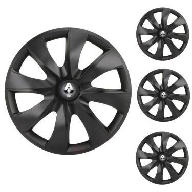 Imagem de Jogo Calota Aro 14 Prime Fosc Black Elitte Preto Fosco + Emblema Resinado Renault (Sandero Logan Clio Scenic Megane Kwid)