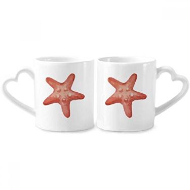 Imagem de Conjunto de canecas de porcelana casal, ilustração vermelha, estrela do mar, vida marinha, coração