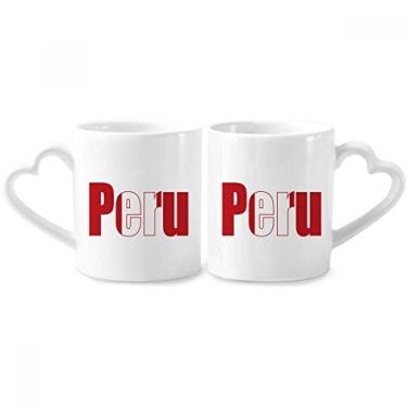 Imagem de Conjunto de canecas de porcelana para casais com nome da bandeira do país do Peru com alça de coração