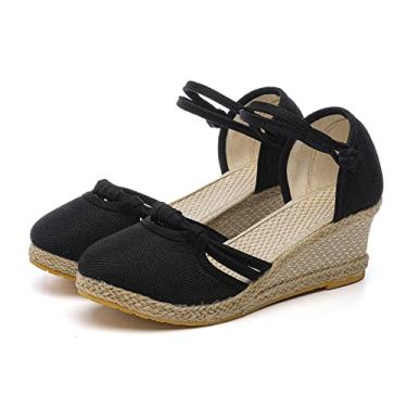 Imagem de Sandálias femininas de linho com fivela plataforma sandálias de cunha moda versátil fivela trançada respirável sandálias de pedicure com separadores de dedos para mulheres (preto, 38)
