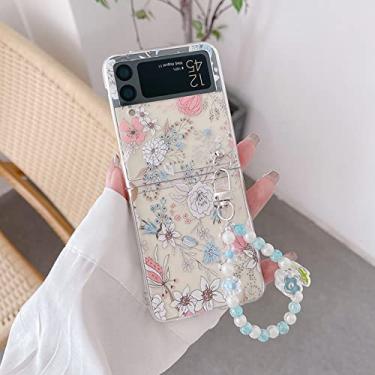 Imagem de Para Samsung Z Flip 4 Capa de telefone dobrável transparente pintada de flores com pulseira Para Samsung Z Flip 3 ZFlip4 Capa traseira dura, A com pulseira, Para Z Flip 3