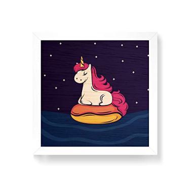 Imagem de Arte Maníacos Quadro decorativo com moldura caixa branca em Madeira - Unicórnio Bóia - 30x30cm