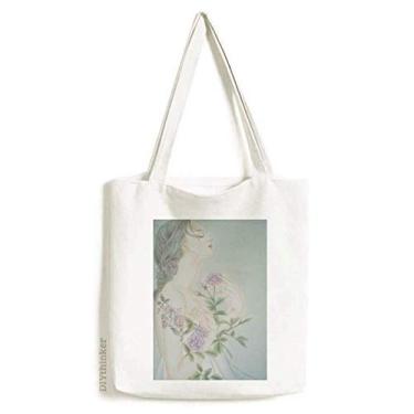 Imagem de Bolsa de lona com pintura chinesa roxa flor beleza bolsa de compras casual bolsa de mão