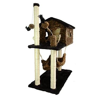 Imagem de Arranhador Casa para Gato com Brinquedo e Poste de Sisal – Marrom Escuro