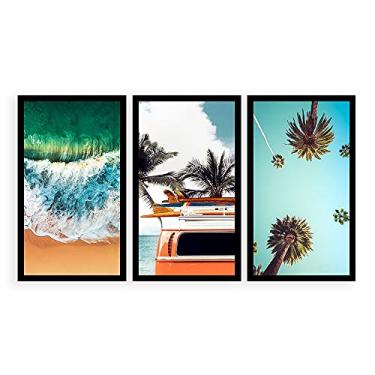 Imagem de Kit 3 Quadros Decorativos Grandes com MOLDURA Praia Coqueiro Kombi Mar