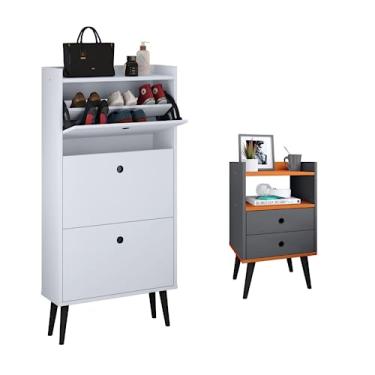 Imagem de Conjunto Sapateira Vertical 3 Gavetas Basculantes Dark e Mesa de Cabeceira Pequena Mesinha Nicho Organizador Decoração Quarto Dream - RPM (Branco | Cinza/Cinamomo)